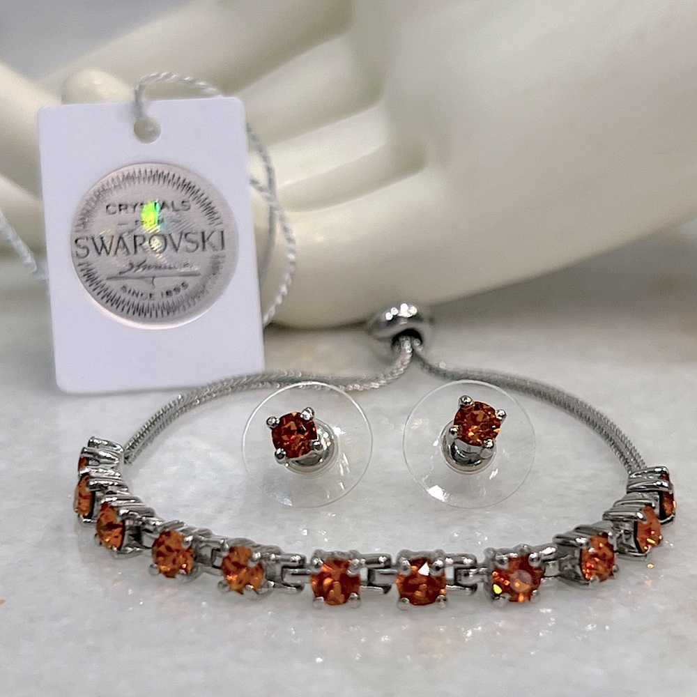 SWAROVSKI Tangerine Crystal Silver BOLO Bracelet and Stud Earrings